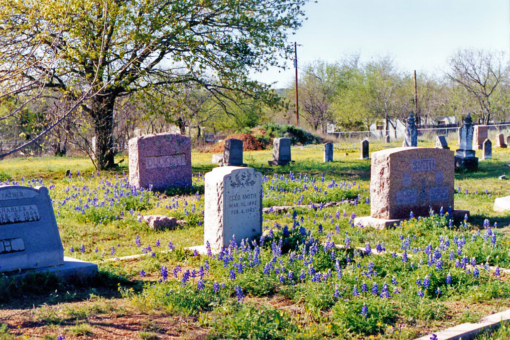 Bluebonnets in spring bloom among the gravestones of the historic section.