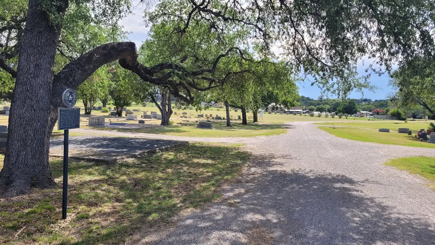 Looking down the gravel lane from beside the state marker and the live oak, with the historic section on the left and the fork of the lane ahead.